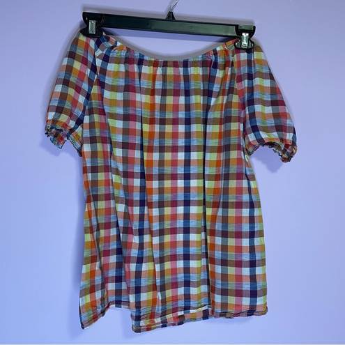 Lane Bryant  Plaid Cotton Off the Shoulder Short Sleeve Elastic Button Size 18/20