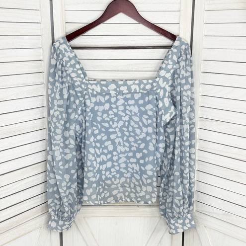 Petal Lucca  Print Square Neck Crop Blouse Blue White Large Long Balloon Sleeve