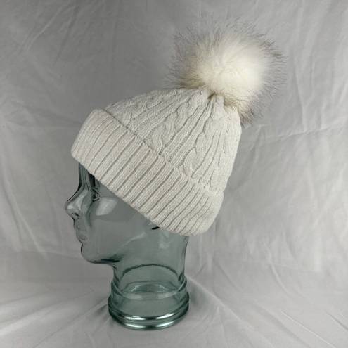 Altar'd State  Womens Winter Faux Fur Bobble Beanie Ivory Cable Knit Fleece Lined