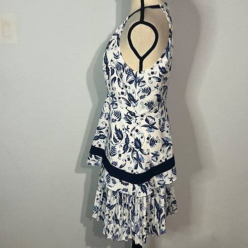 Shoshanna  Georgian White Blue Floral High Neck Sleeveless Shift Dress Women's 8