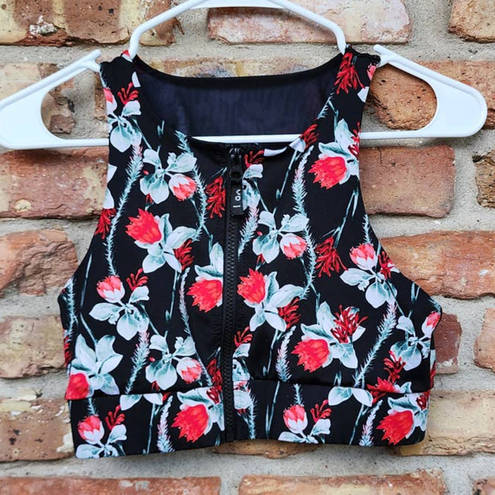 MINKPINK  Move Zip Front Black Red Floral Crop Top Sports Bra