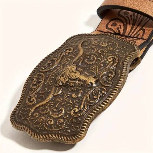 Western Style Bull Head Buckle Unisex Belt Vintage Embossed Brown