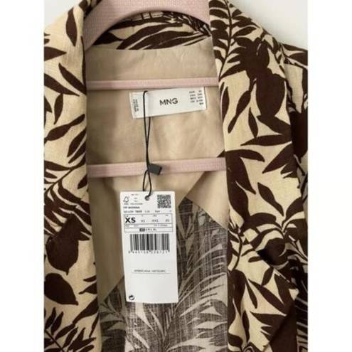 Mango  Women Notch Collar Long Sleeves Tropic Print Linen Blazer, Beige Brown XS