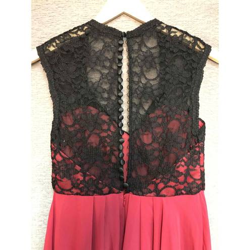 Lee Mari  Black Red Evening Gown Lace Overlay Sleeveless V-Neck