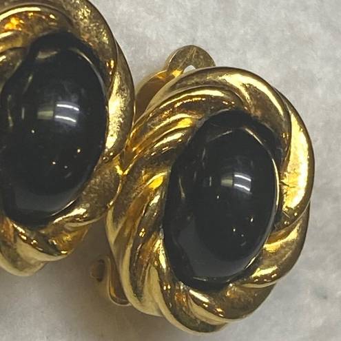 Edge KJL for Avon Vintage Earrings Clip on Gold Tone Black Cabochon Twisted 