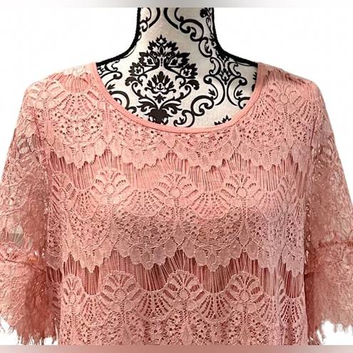 Absolutely Famous  💓LADIES XL💓PINK LACE TOP TUNIC SHORT SLEEVED SEMI SHEER