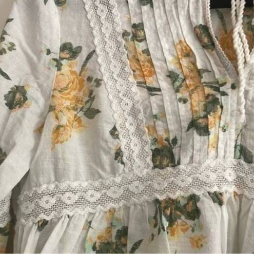 True Craft  White and Yellow Floral Print Lace Trim Blouse Shirt
