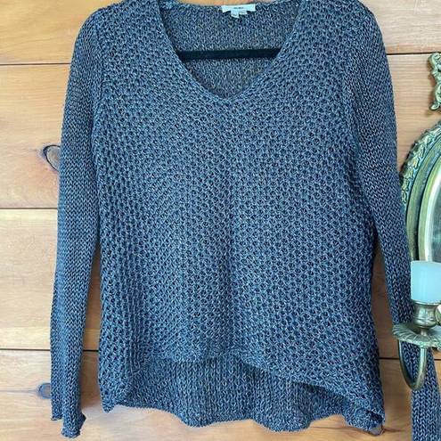 Helmut Lang  Blue Gray Linen Open Crochet V-Neck Pullover Sweater Size PS