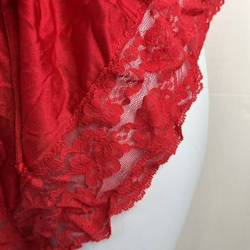 One Piece Vintage 70s 80s Teddy  Red Lace Satin Romper Lingerie High Cut Booty M