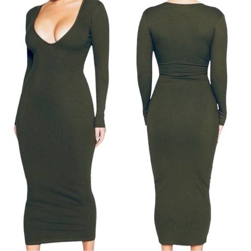 Naked Wardrobe NWT  Snatched V-Neck Long Sleeve Midi Dress in Olive Green