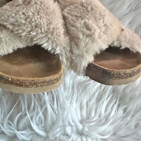 Garnet Hill  | Mira Fuzzy Slides Mauve Faux Fur Criss Cross Sandal Slippers | 8