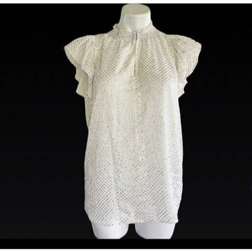 Tommy Hilfiger  Mock neckline ruffle Flutter Sleeve top MEDIUM pin dots off white