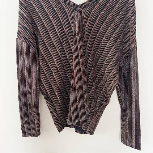 Chaser  Metallic Striped Formal V-neck Blouse Long Sleeves Black/Brown Size Large