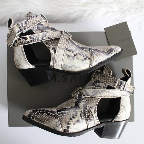 ALLSAINTS  Darcy Pointed Toe Ivory Python Snake-Print Leather Cutout Ankle Boots