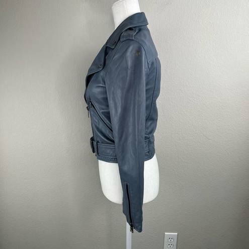 All Saints Balfern Flint Blue Belted Crop Leather Moto Jacket Size 4