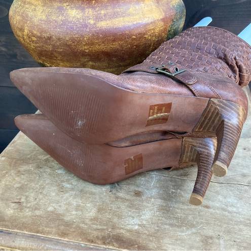 Rsvp  Heeled Boots brown woven leather western pointy buckles slouchy size 10