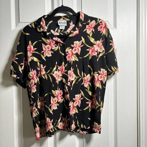 Krush VTG  Black Pink Floral Hawaii Top Buttons Crinkle Rayon Notched Collar Sz M