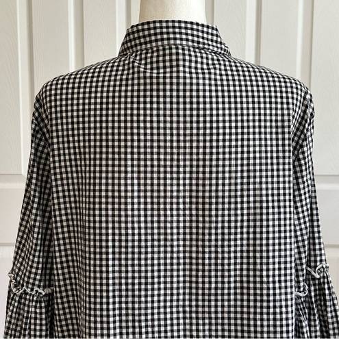 BeachLunchLounge  Blouse Top Black White Gingham Button Front Bell Sleeve Top XL