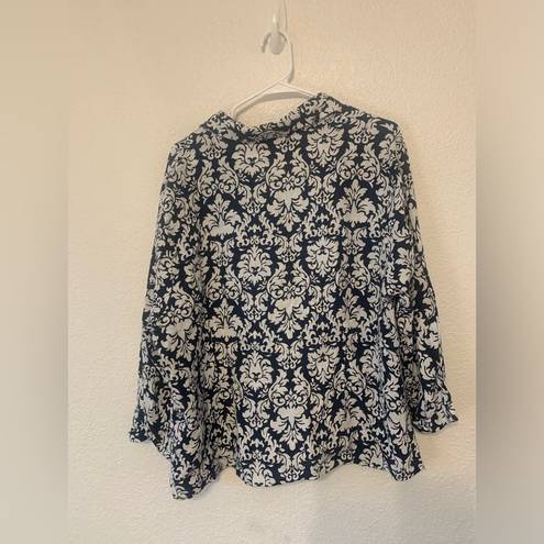 Brooks David  Womam Linen Blouse 2X Navy White Floral Vine Print 3/4 Sleeve