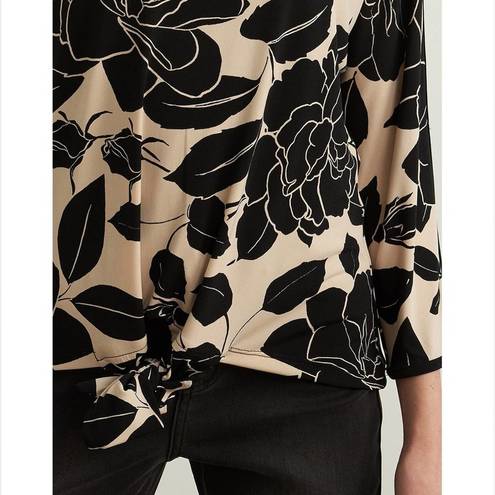 Joseph Ribkoff  Floral Self Tie Long Sleeve Blouse Top in Black & Beige