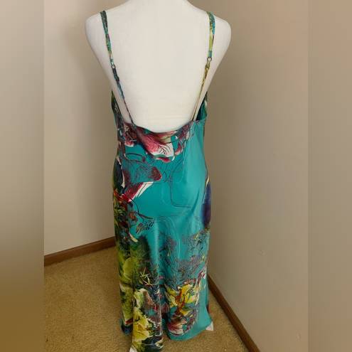 Natori  Teal and Floral Silky Chemise Slip Dress with Draped Neckline Size Small