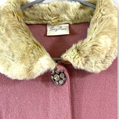 Tracy Reese  vintage vibes faux fur collar jeweled buttons women’s cardigan s