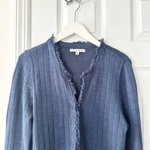 CAbi  Navy Blue Duchess Speckled Confetti Hook Closure Fringe Trim Long Cardigan