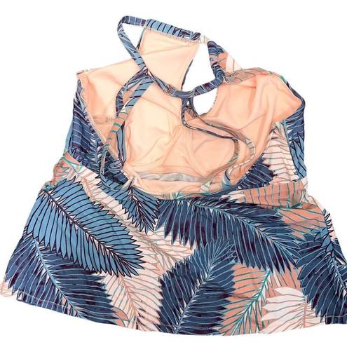 Raisin's  CURVE Women's Blue Palm Print Stretch Keyhole Halter Adjustable Strappy