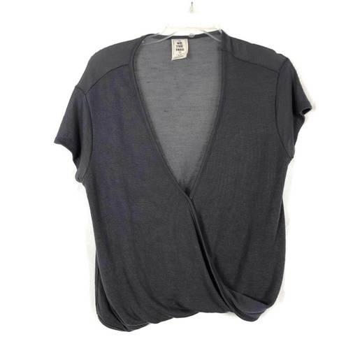 We The Free  Women Size XS Faux Wrap Top Deep V Neck Cropped Gray Short Sleeve