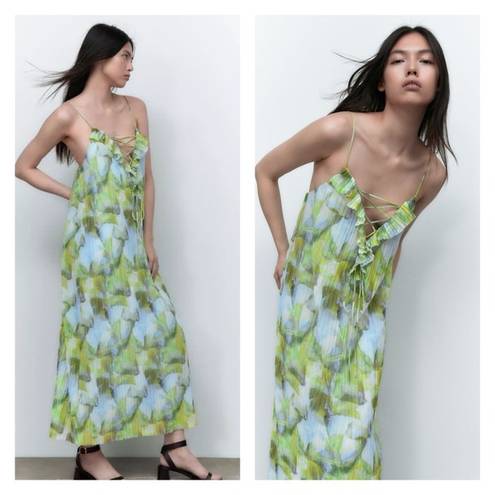 ZARA Pleated Watercolor Maxi Dress S