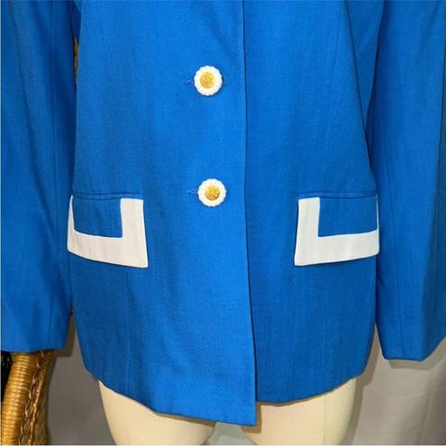 Oleg Cassini Vintage  Blazer Bright Blue Lapis White Trim Gold Lion Buttons sz