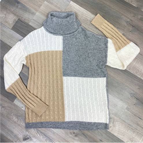 Versona  Multi Pattern Color Block Turtleneck Sweater Gray Tan Large