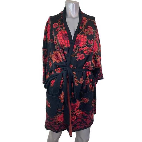 Isaac Mizrahi  Live! Floral Jacquard Belted Cardigan Black Red 3xl A384084