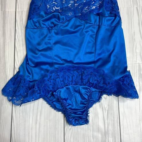 Vintage Blue 80s  Julianna Nylon and Lace Playsuit, teddy, romper size Med