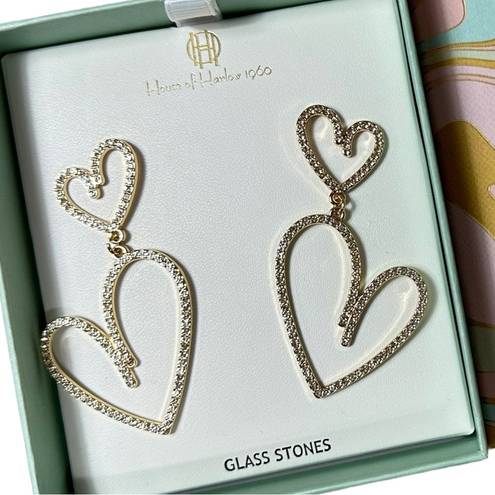 House of Harlow NIB  1960 Gold Tone Double Heart Glass Stones Dangle Earrings $99