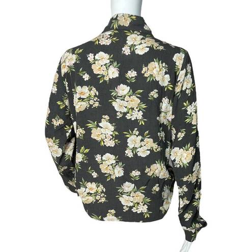 Oak + Fort  Shirt Womens Medium Black Cream Floral Flowers Ruched Tie Front Bloom