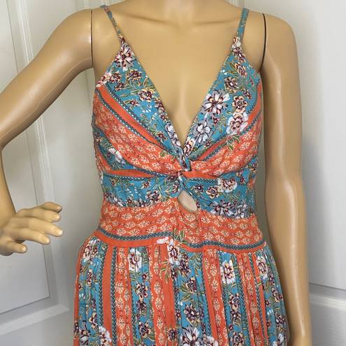 Angie NWT  Boho Knot Front Printed Maxi Dress Blue Orange Size Medium