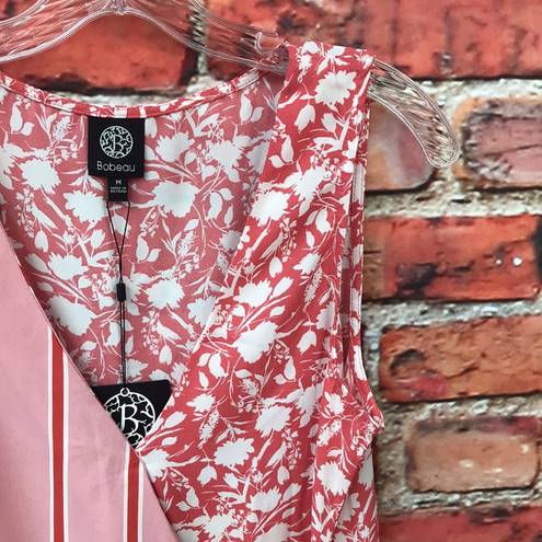 Bobeau Coral and White  Striped with Floral Print Wrap Sleeveless Blouse