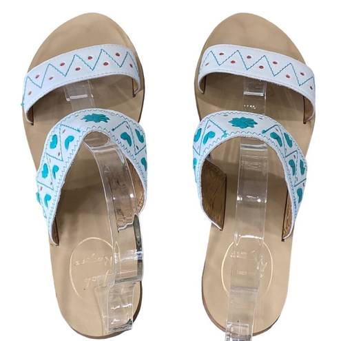 Jack Rogers Two band slide Leather  Adair Sandals shoes white print Size 7