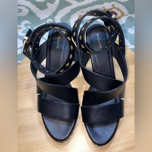 ALLSAINTS  Sienna Leather Platform Sandal Black wrap strap w/ buckle 8.5US/39EU