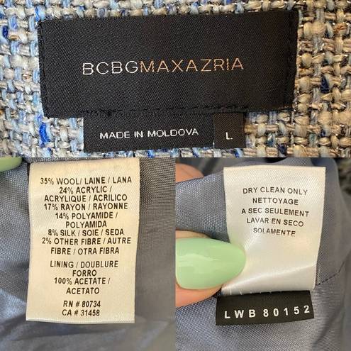 BCBGMAXAZRIA Wool Silk Tweed Longline Coat Blue Raw Edge Overcoat, size Large