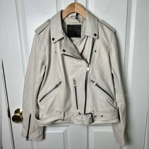 All Saints Leather Biker Balfern Belted Hem Zip Up Long Sleeve Jacket Ivory 10