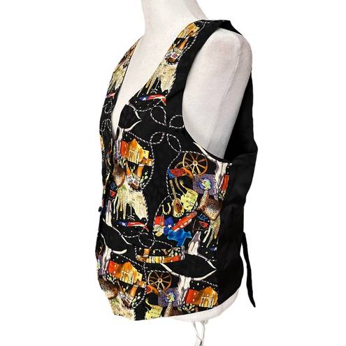 Nicole Miller Vintage  Printed Vest Cowboy Rodeo Western Silk Black Size Large