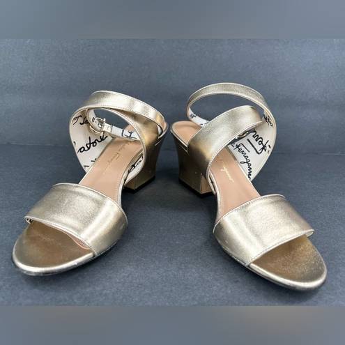 Salvatore Ferragamo  SHEENA METALLIC GOLD LEATHER ANKLE STRAP SANDALS SIZE US 6