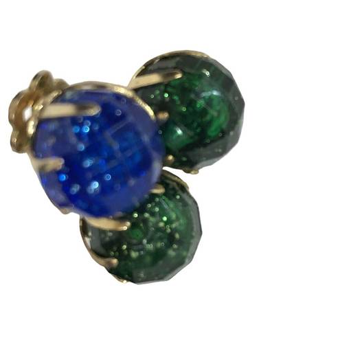 Vintage Blue  And Green Earrings, Gold Tone Clip On Faceted Plastic Glitter Beads