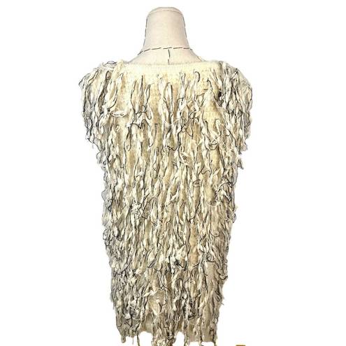 Umgee  Women's Black White Bohemian Sleeveless Shaggy Fringe Sweater Vest Size M