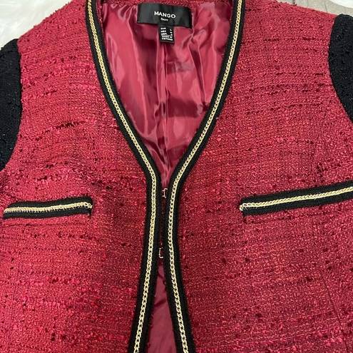 Mango  Red & Black Tweed Blazer Jacket with gold chain trimming C14