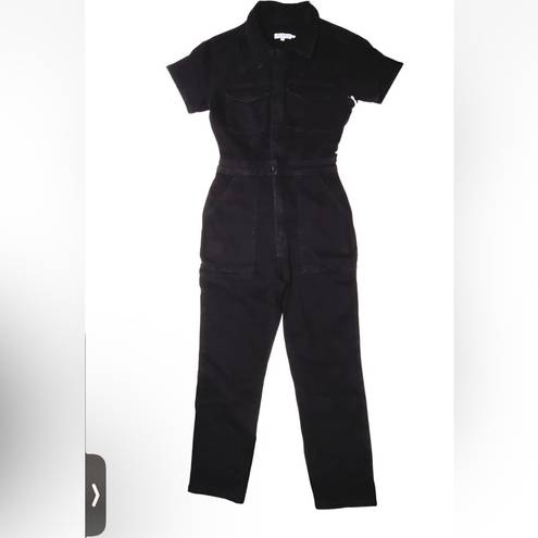 Good American  Denim Jumpsuit Flightsuit Point Collar Straight Leg Black Size 1