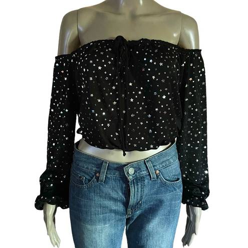 Honey Punch  metallic star print off shoulder crop top