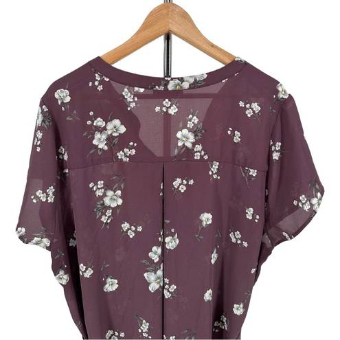 The Moon Full Segura Short Sleeve Tie Waist Maternity Blouse Light Purple Floral 2X